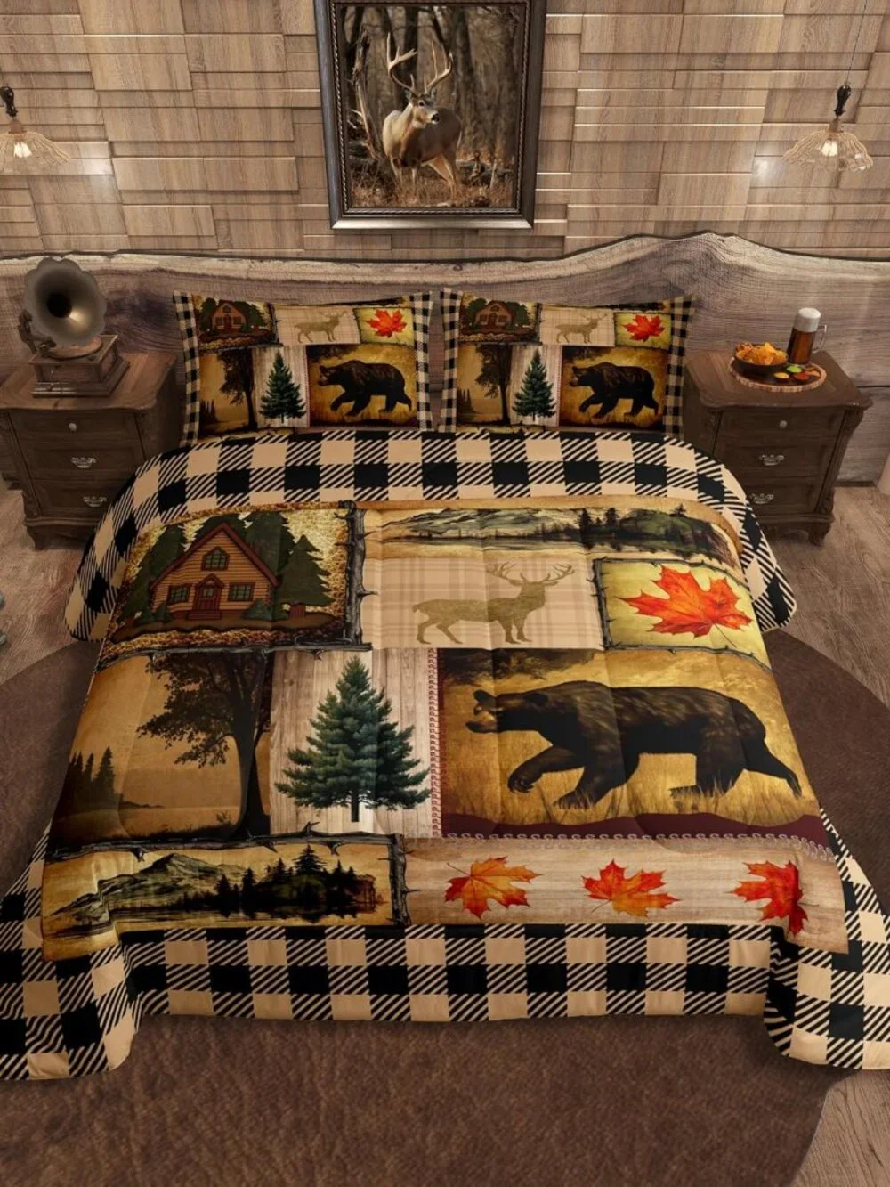 Bear Cabin Lodge Queen Bedding Set,Christmas Farmhouse Comforter Set for Kids Bo
